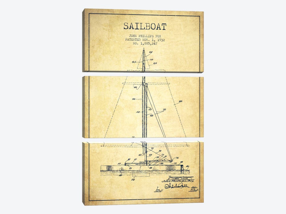 Sailboat 1 Vintage Patent Blueprint by Aged Pixel 3-piece Canvas Artwork