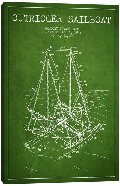 Outrigger Sailboat Green Patent Blueprint Canvas Art Print - Bathroom Art
