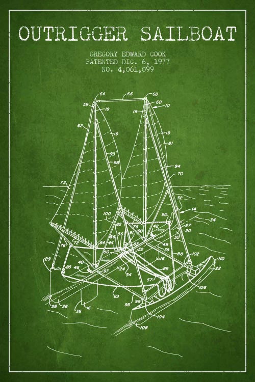 Outrigger Sailboat Green Patent Blueprint by Aged Pixel wall art