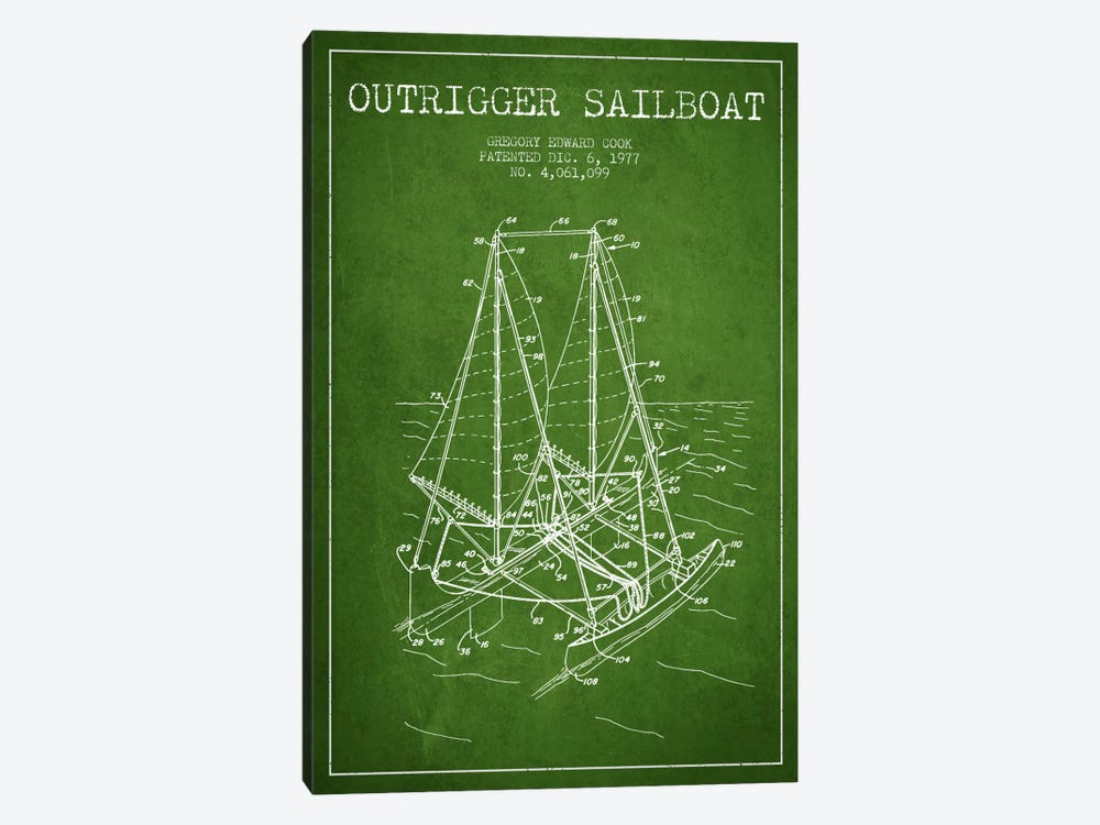 Outrigger Sailboat Green Patent Blueprint by Aged Pixel 1-piece Canvas Art