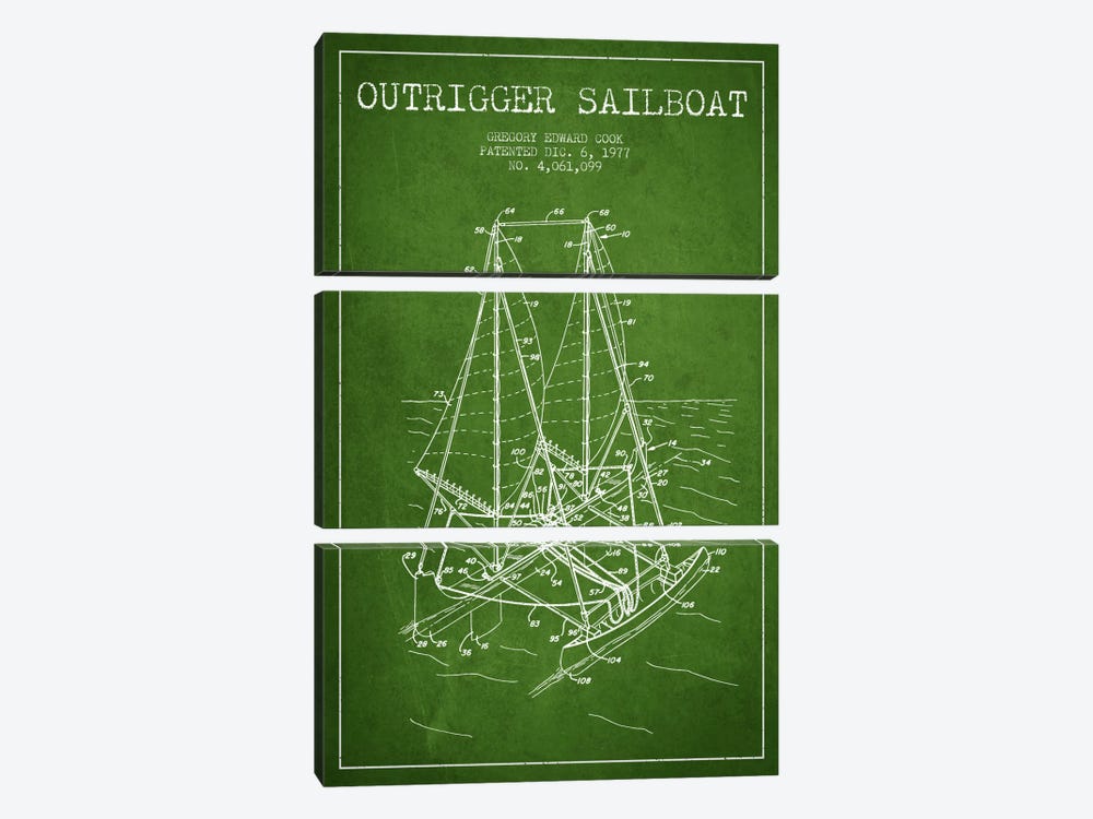 Outrigger Sailboat Green Patent Blueprint by Aged Pixel 3-piece Canvas Art