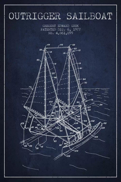 Outrigger Sailboat Navy Blue Patent Blueprint by Aged Pixel wall art