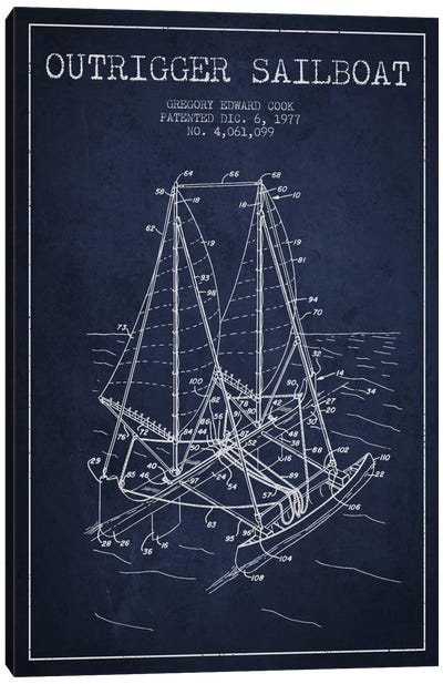 Outrigger Sailboat Navy Blue Patent Blueprint Canvas Art Print - Bathroom Blueprints