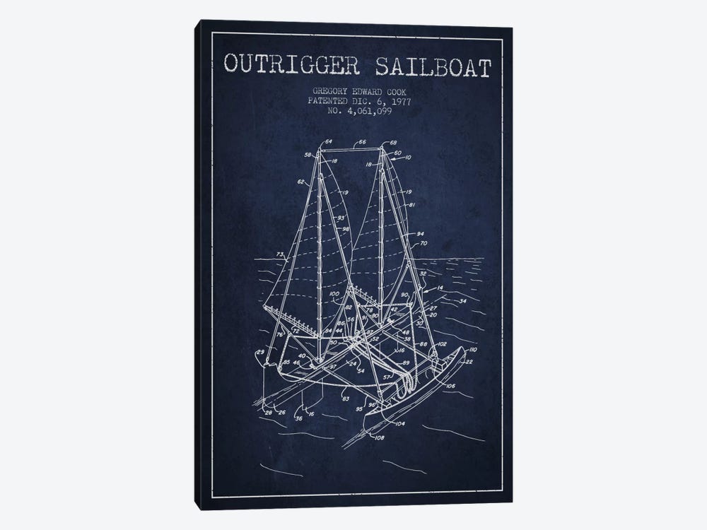 Outrigger Sailboat Navy Blue Patent Blueprint by Aged Pixel 1-piece Canvas Print