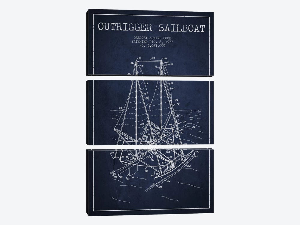 Outrigger Sailboat Navy Blue Patent Blueprint by Aged Pixel 3-piece Canvas Art Print