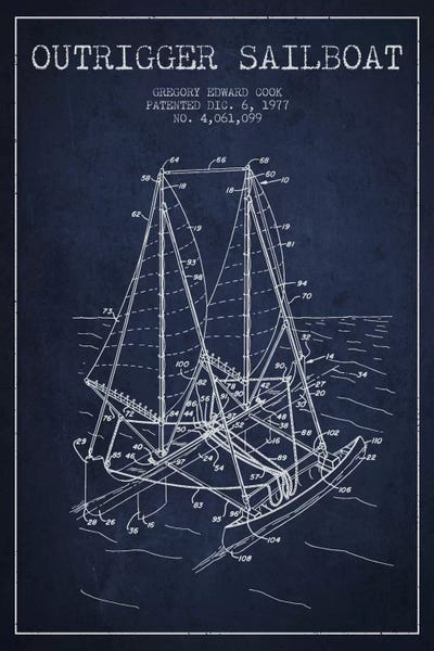 Kids Nautical Art: Outrigger Sailboat Navy Blue Patent Blueprint by Aged Pixel