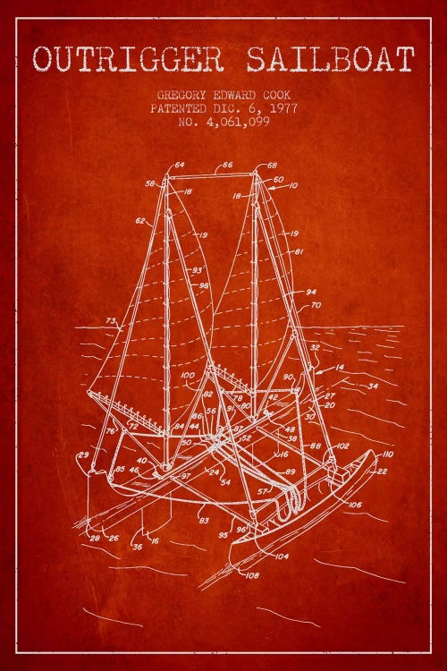 Outrigger Sailboat Red Patent Blueprint by Aged Pixel wall art
