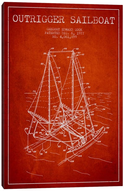 Outrigger Sailboat Red Patent Blueprint Canvas Art Print - Kids Nautical Art