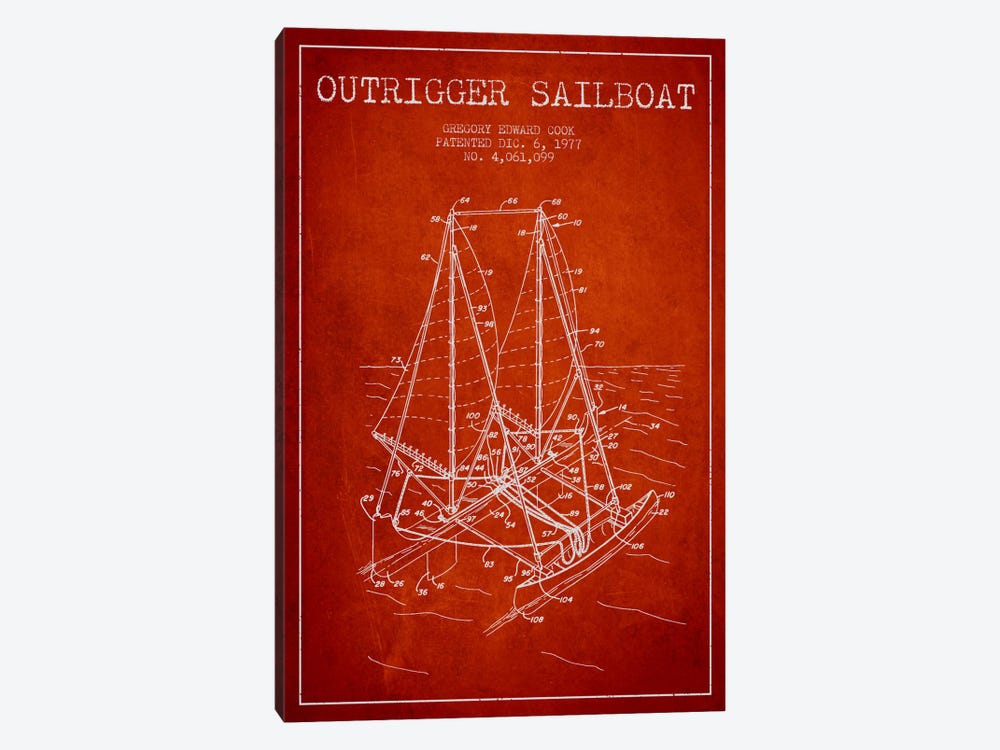Outrigger Sailboat Red Patent Blueprint by Aged Pixel 1-piece Canvas Wall Art