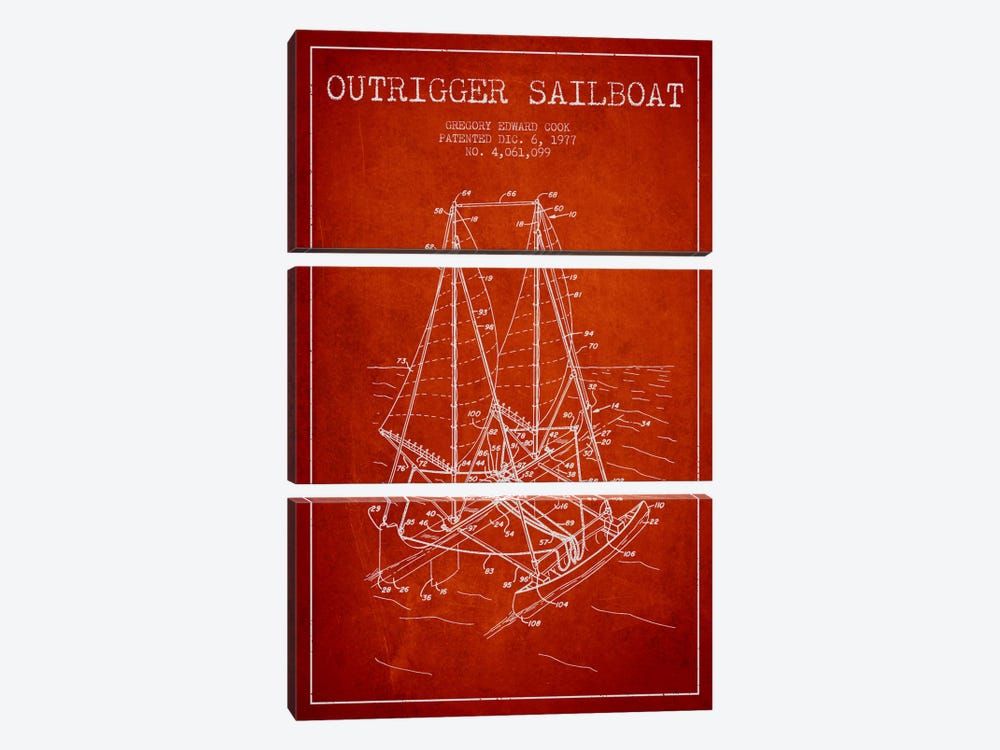 Outrigger Sailboat Red Patent Blueprint by Aged Pixel 3-piece Canvas Artwork