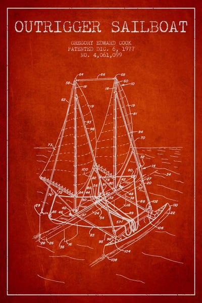 Kids Nautical Art: Outrigger Sailboat Red Patent Blueprint by Aged Pixel