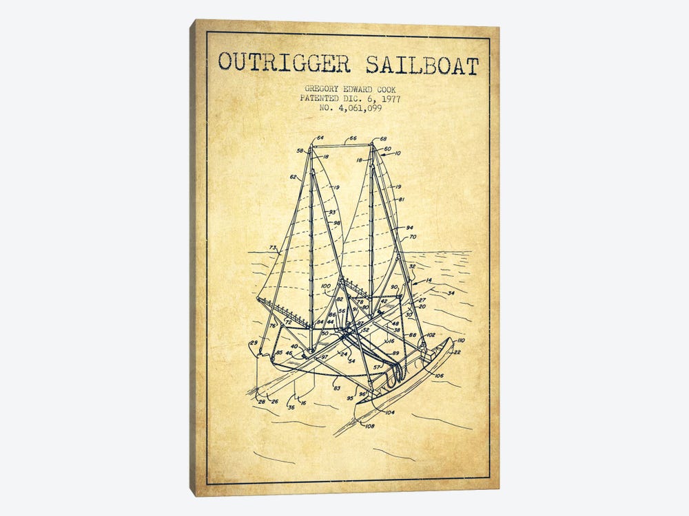 Outrigger Sailboat Vintage Patent Blueprint by Aged Pixel 1-piece Canvas Print