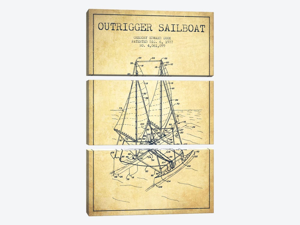 Outrigger Sailboat Vintage Patent Blueprint by Aged Pixel 3-piece Art Print