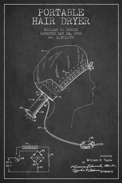 Black & White Pop Culture Art: Portable Hair Dryer Charcoal Patent Blueprint by Aged Pixel