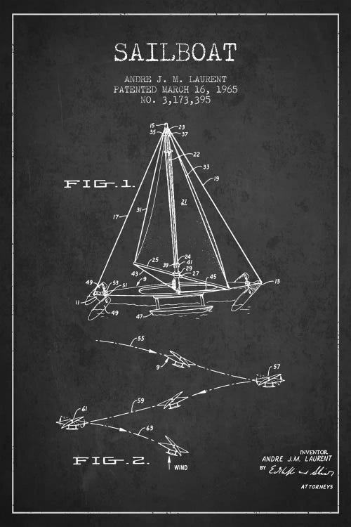 Double Ended Sailboat Charcoal Patent Blueprint