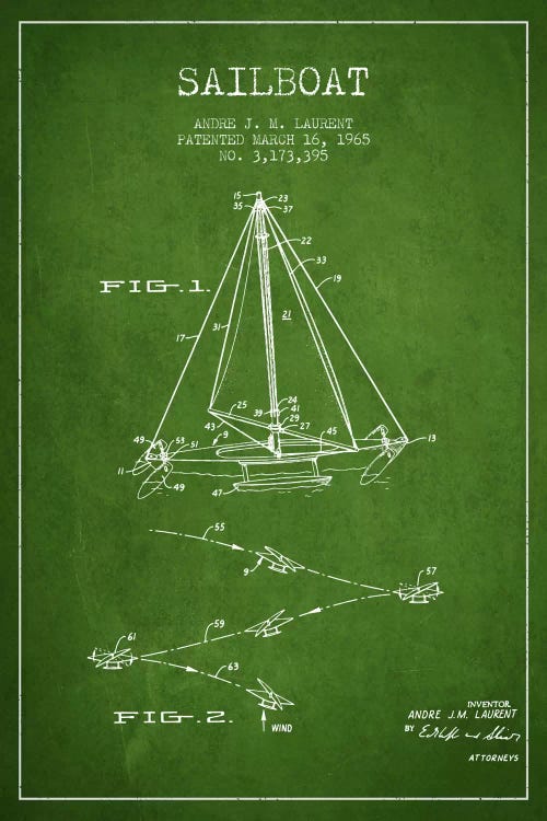 Double Ended Sailboat Green Patent Blueprint by Aged Pixel wall art