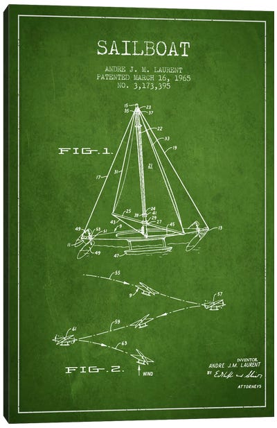 Double Ended Sailboat Green Patent Blueprint Canvas Art Print - Nautical Blueprints
