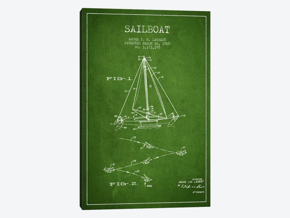 Double Ended Sailboat Green Patent Blueprint by Aged Pixel 1-piece Canvas Art