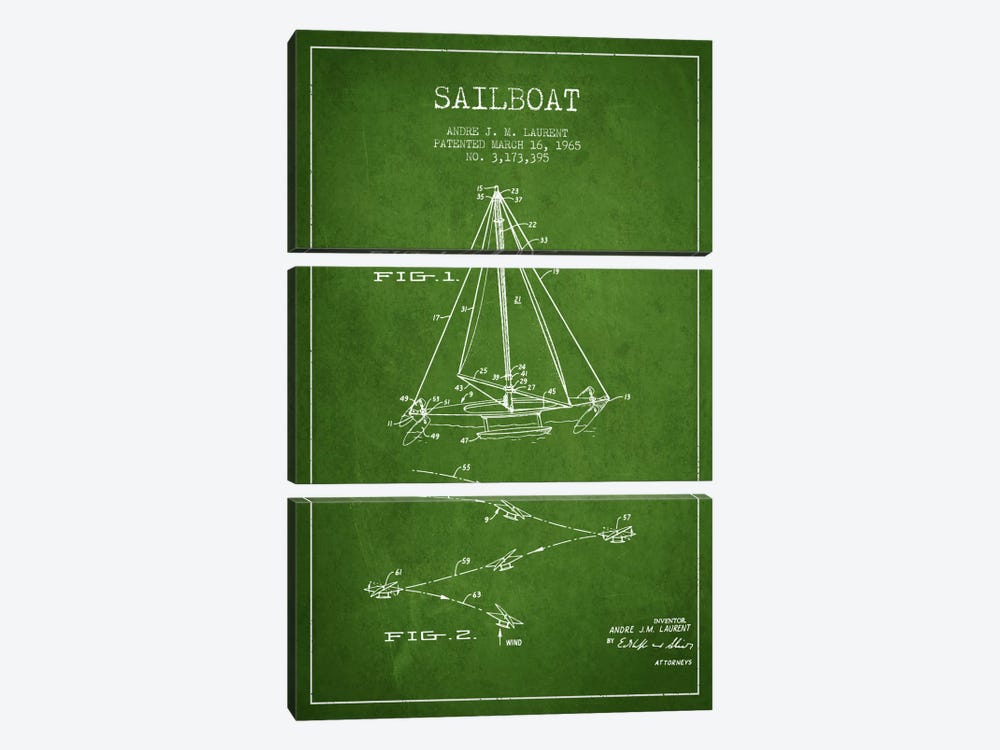 Double Ended Sailboat Green Patent Blueprint by Aged Pixel 3-piece Canvas Artwork