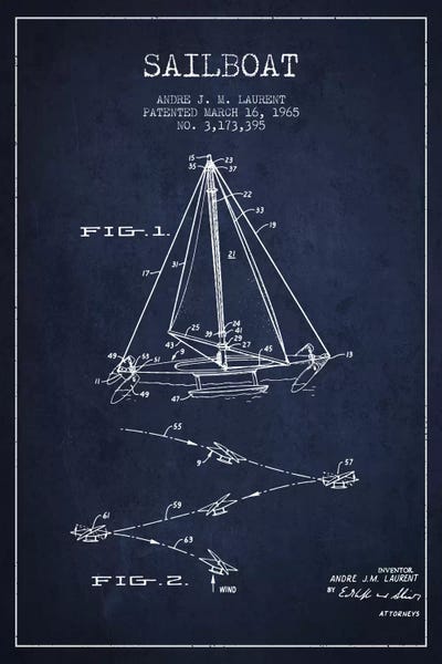 Double Ended Sailboat Navy Blue Patent Blueprint by Aged Pixel framed canvas print