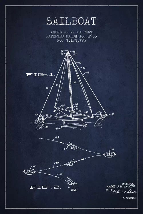 Double Ended Sailboat Navy Blue Patent Blueprint by Aged Pixel wall art