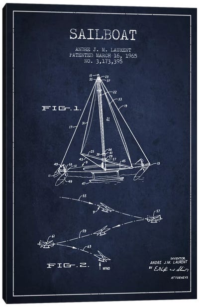 Double Ended Sailboat Navy Blue Patent Blueprint Canvas Art Print - Nautical Blueprints