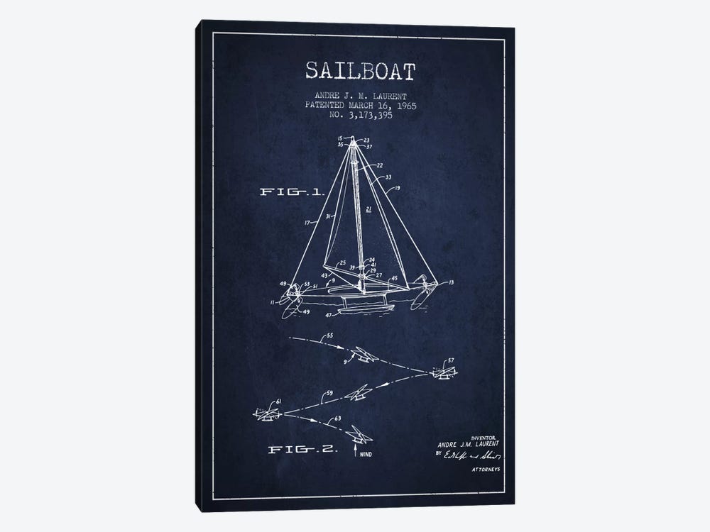 Double Ended Sailboat Navy Blue Patent Blueprint by Aged Pixel 1-piece Canvas Print
