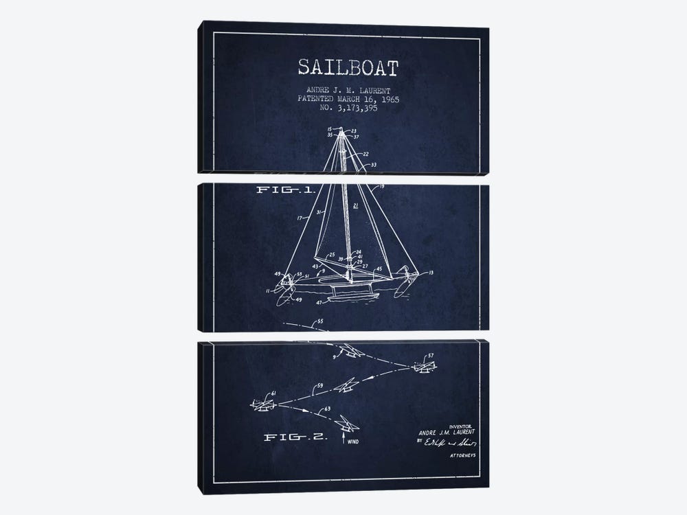 Double Ended Sailboat Navy Blue Patent Blueprint by Aged Pixel 3-piece Canvas Art Print