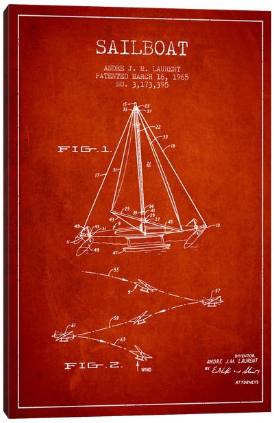 Double Ended Sailboat Red Patent Blueprint Canvas Art Print - Nautical Blueprints