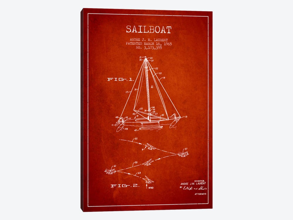 Double Ended Sailboat Red Patent Blueprint by Aged Pixel 1-piece Canvas Art