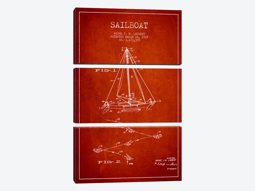 Double Ended Sailboat Red Patent Blueprint by Aged Pixel 3-piece Canvas Artwork