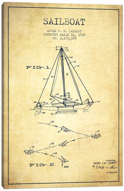 Double Ended Sailboat Vintage Patent Blueprint Canvas Art Print - Aged Pixel: Nautical