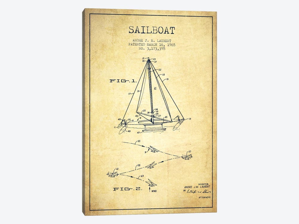 Double Ended Sailboat Vintage Patent Blueprint by Aged Pixel 1-piece Canvas Art Print