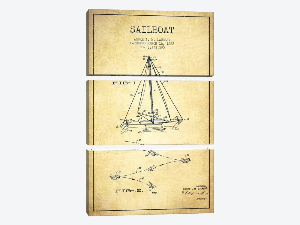 Double Ended Sailboat Vintage Patent Blueprint by Aged Pixel 3-piece Canvas Print