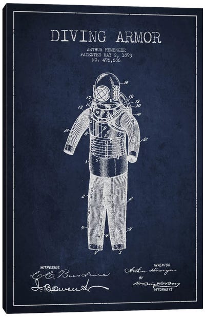 Diving Suit Blue Patent Blueprint Canvas Art Print - Nautical Blueprints