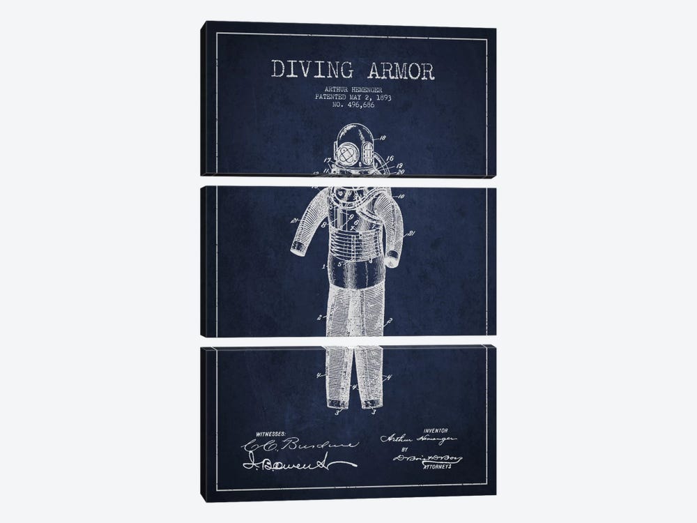 Diving Suit Blue Patent Blueprint by Aged Pixel 3-piece Canvas Artwork