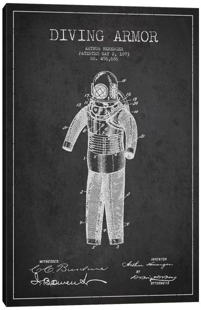 Diving Suit Dark Patent Blueprint Canvas Art Print - Aged Pixel: Nautical