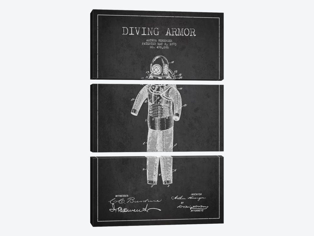 Diving Suit Dark Patent Blueprint by Aged Pixel 3-piece Canvas Art Print