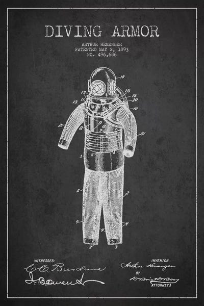Black & White Pop Culture Art: Diving Suit Dark Patent Blueprint by Aged Pixel