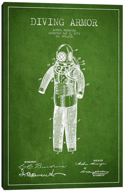 Diving Suit Green Patent Blueprint Canvas Art Print - Fashion Art