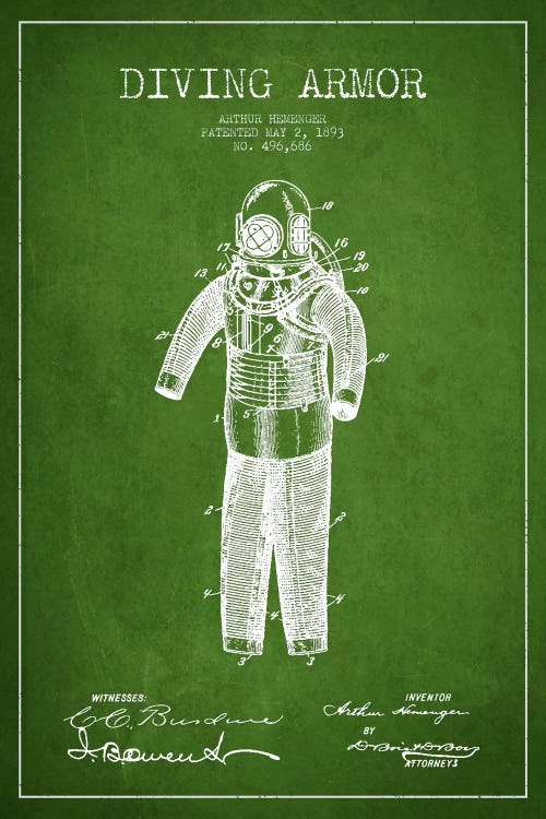 Diving Suit Green Patent Blueprint by Aged Pixel wall art
