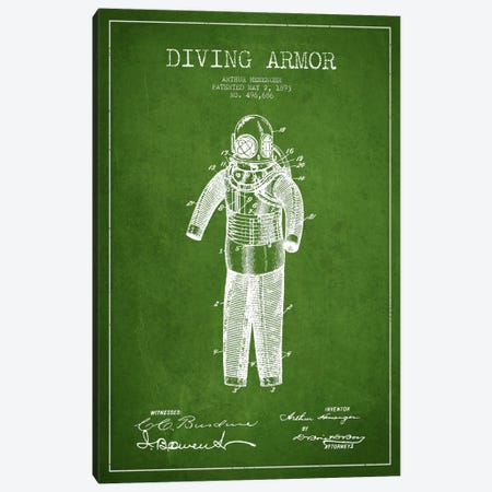 Diving Suit Green Patent Blueprint Canvas Print #ADP2747} by Aged Pixel Canvas Art