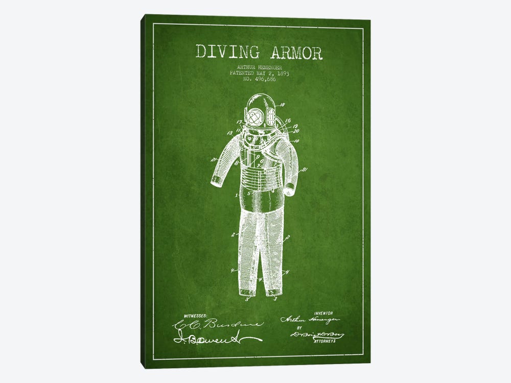 Diving Suit Green Patent Blueprint by Aged Pixel 1-piece Canvas Wall Art