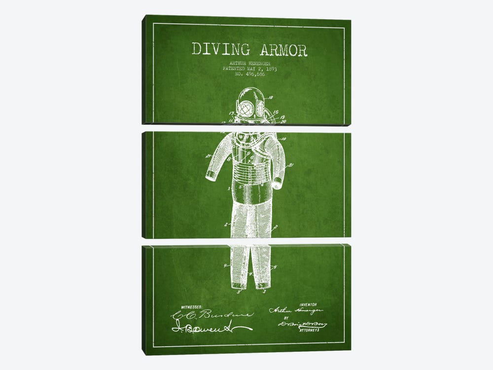 Diving Suit Green Patent Blueprint by Aged Pixel 3-piece Canvas Art