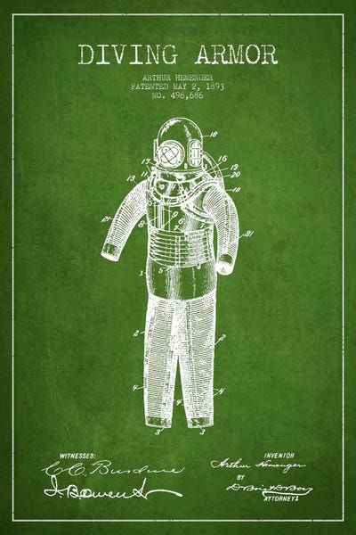 Nautical Blueprints: Diving Suit Green Patent Blueprint by Aged Pixel
