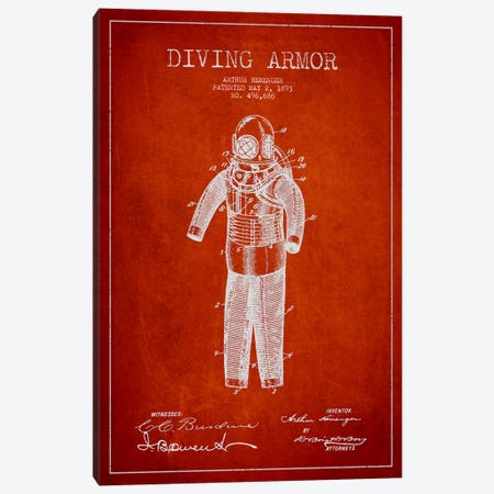 Diving Suit Red Patent Blueprint Canvas Print #ADP2748} by Aged Pixel Canvas Art Print