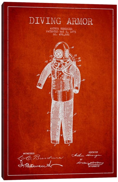Diving Suit Red Patent Blueprint Canvas Art Print - Aged Pixel: Nautical