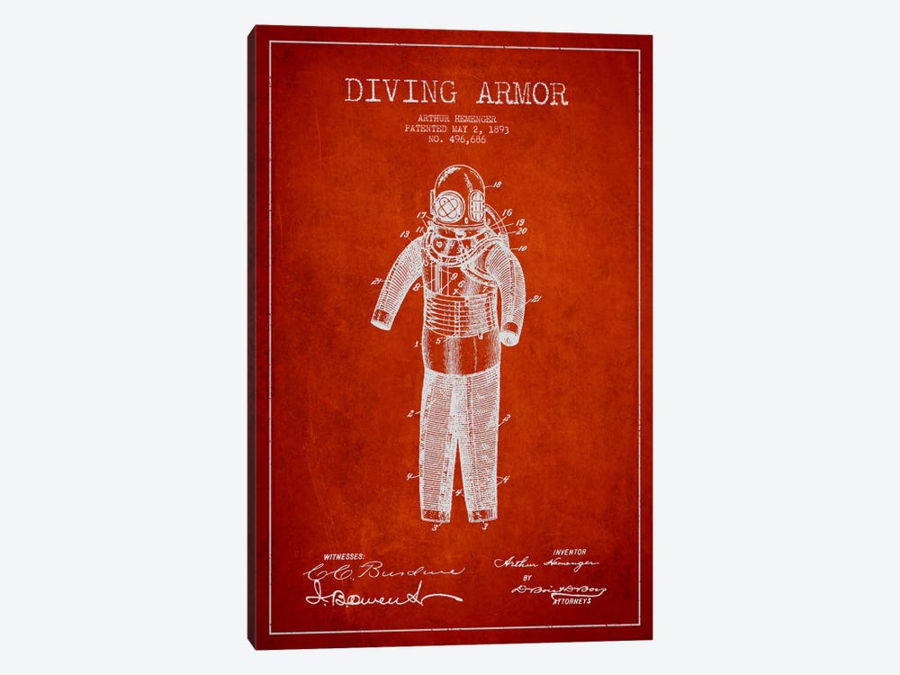 Diving Suit Red Patent Blueprint by Aged Pixel 1-piece Canvas Art Print