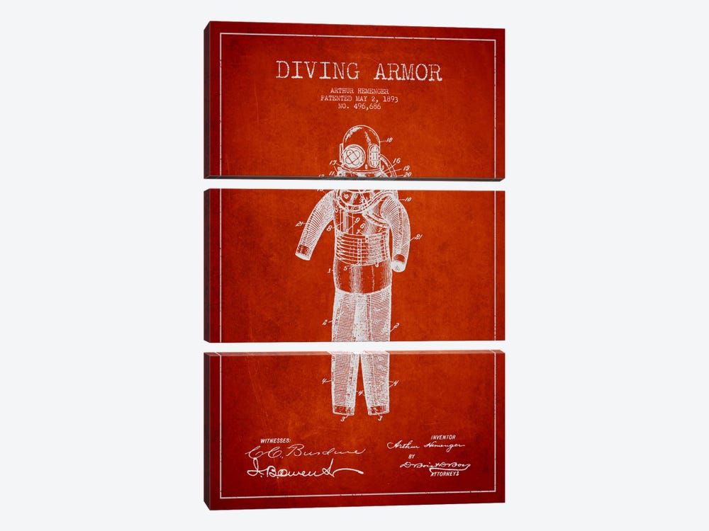 Diving Suit Red Patent Blueprint by Aged Pixel 3-piece Canvas Print