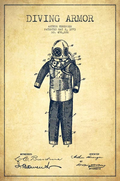 Diving Suit Vintage Patent Blueprint by Aged Pixel canvas print